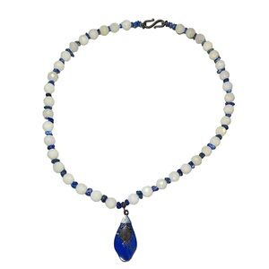 Lapis Lazuli, Chalcedony & Sterling Silver Beaded Necklace with Lapis Drop